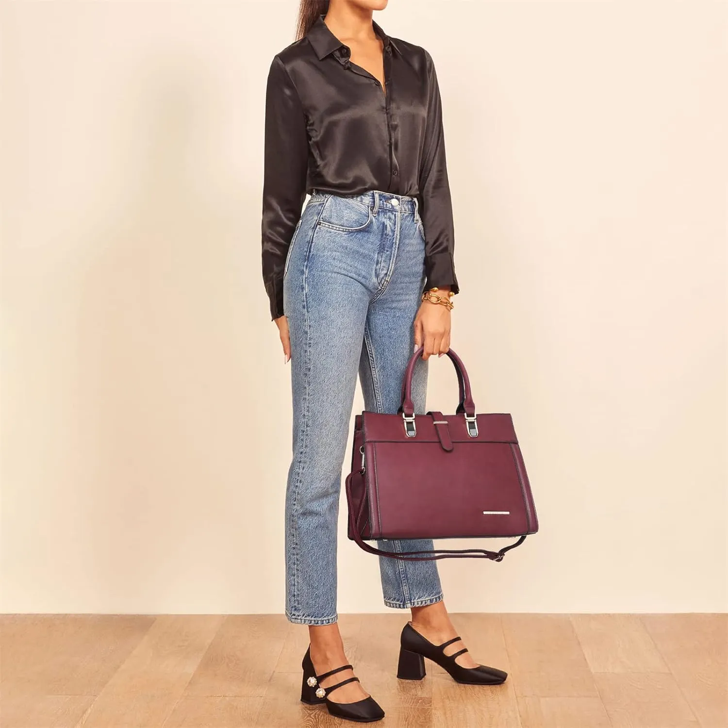 Women's Handbag Flap-over Belt Shoulder Bag Top Handle Tote Satchel Purse Work Bag w/Matching Wristlet
