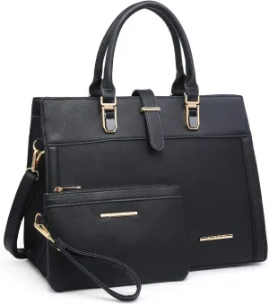 Women's Handbag Flap-over Belt Shoulder Bag Top Handle Tote Satchel Purse Work Bag w/Matching Wristlet