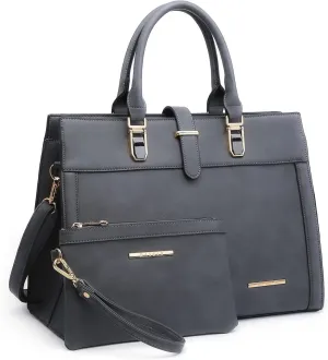 Women's Handbag Flap-over Belt Shoulder Bag Top Handle Tote Satchel Purse Work Bag w/Matching Wristlet