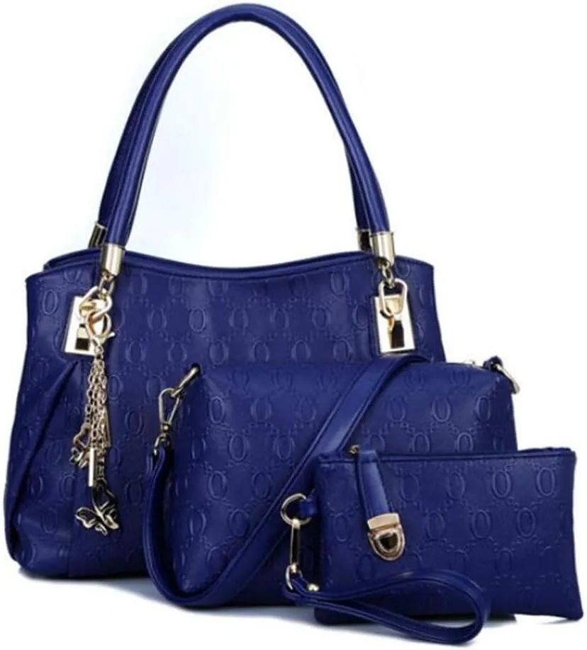 Women's Ladies PU Leather Shoulder Metal Top-handle Embossing Handle Bags 3 Pcs Satchel Tote Purse-Blue