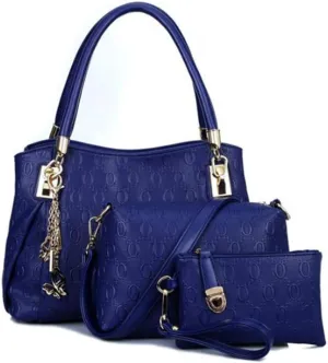 Women's Ladies PU Leather Shoulder Metal Top-handle Embossing Handle Bags 3 Pcs Satchel Tote Purse-Blue