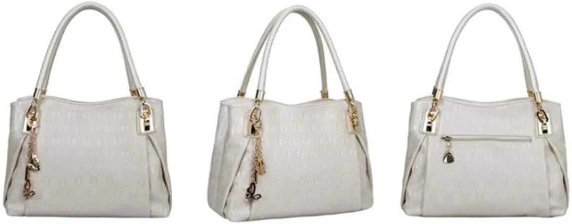 Women's Ladies PU Leather Shoulder Metal Top-handle Embossing Handle Bags 3 Pcs Satchel Tote Purse-Cream White