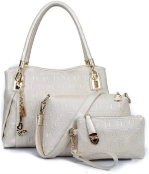 Women's Ladies PU Leather Shoulder Metal Top-handle Embossing Handle Bags 3 Pcs Satchel Tote Purse-Cream White
