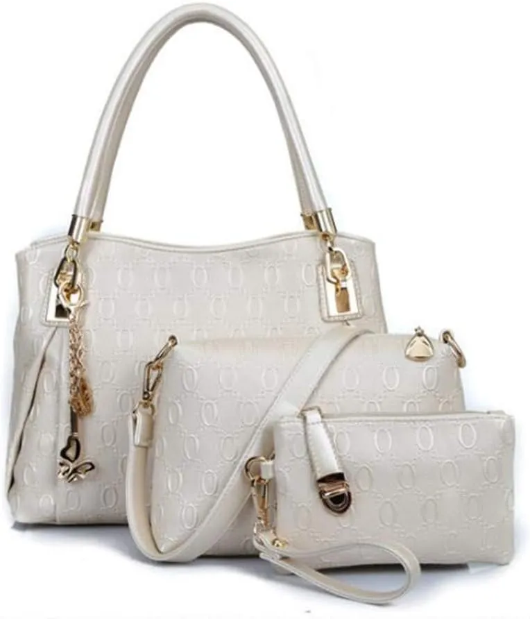 Women's Ladies PU Leather Shoulder Metal Top-handle Embossing Handle Bags 3 Pcs Satchel Tote Purse-Cream White