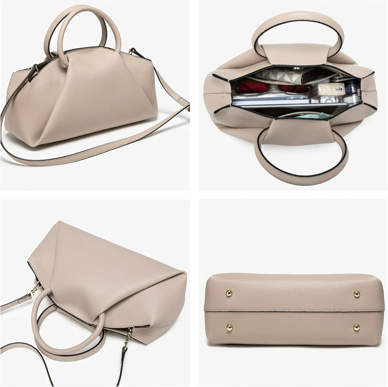 Women's Leather Satchel Handbag Pleated Design, Top Handle Purse with Shoulder Strap