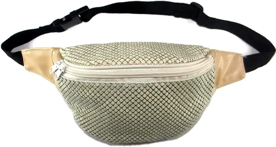 Women's Metal Mesh Fanny Pack Shiny Rave Waist Bag Adjustable Belt for Festival Party or Daily Use(Beige)