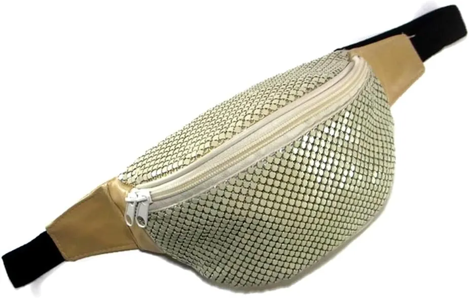 Women's Metal Mesh Fanny Pack Shiny Rave Waist Bag Adjustable Belt for Festival Party or Daily Use(Beige)
