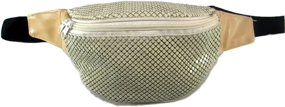Women's Metal Mesh Fanny Pack Shiny Rave Waist Bag Adjustable Belt for Festival Party or Daily Use(Beige)