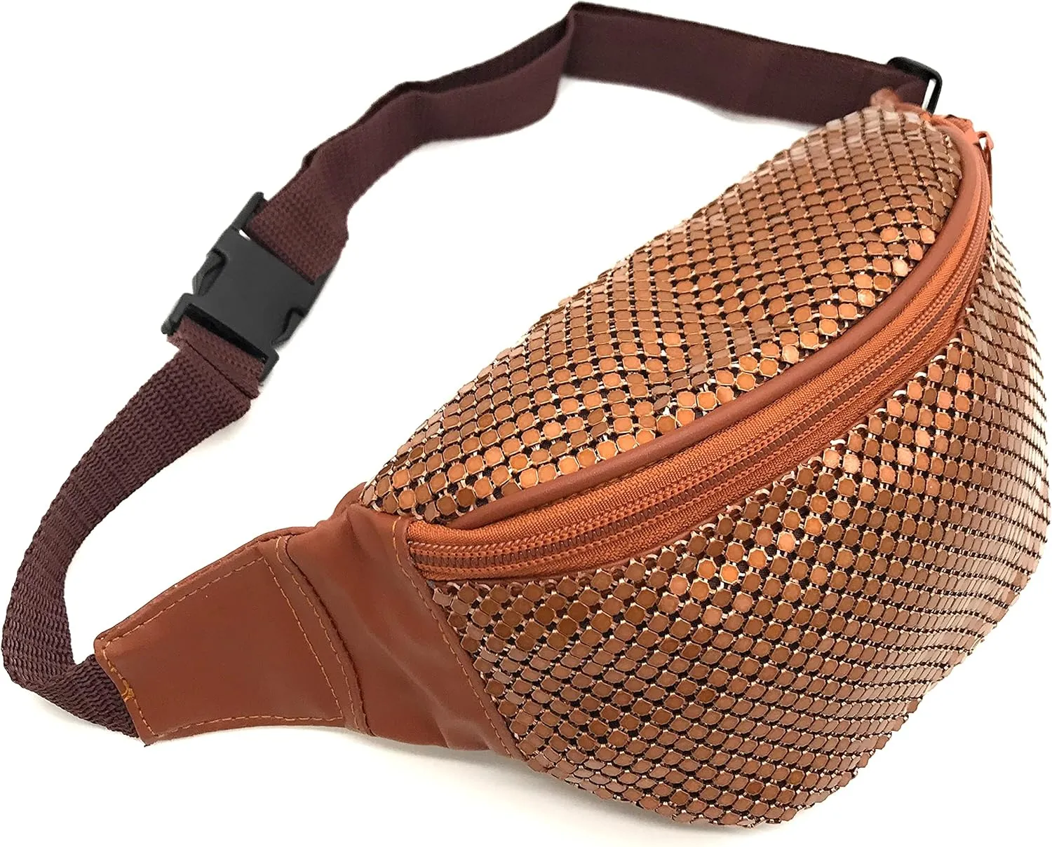 Women's Metal Mesh Fanny Pack Shiny Rave Waist Bag Adjustable Belt for Festival Party or Daily Use(Copper)