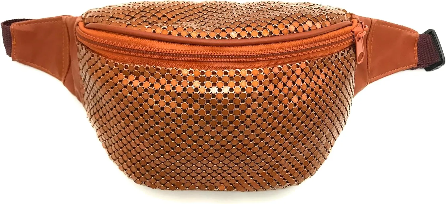 Women's Metal Mesh Fanny Pack Shiny Rave Waist Bag Adjustable Belt for Festival Party or Daily Use(Copper)