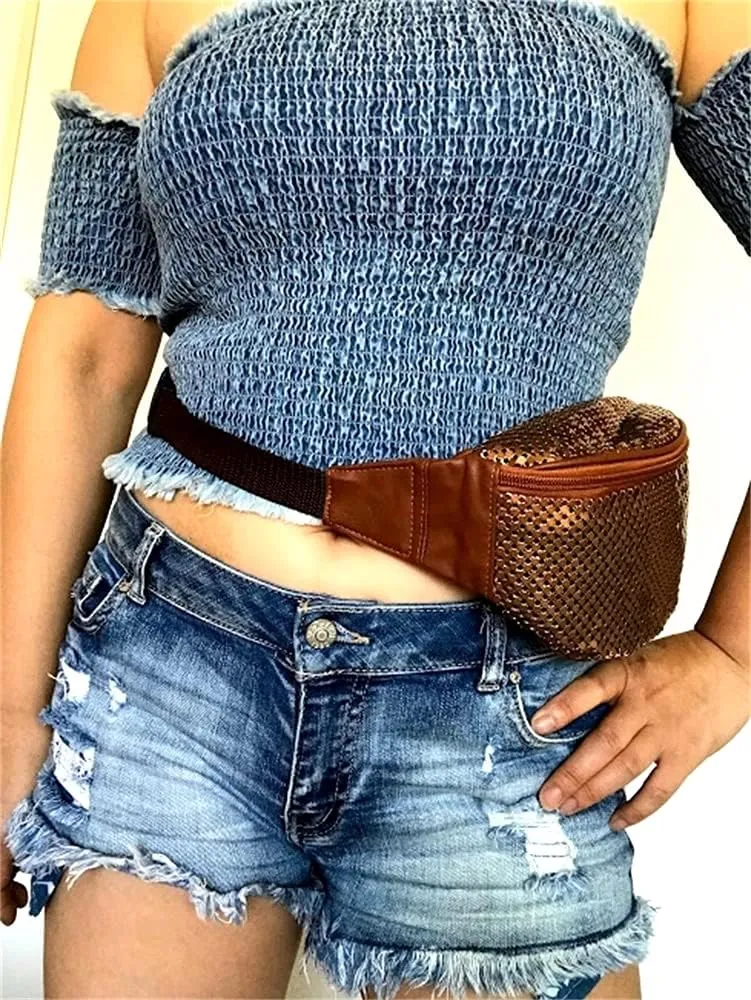 Women's Metal Mesh Fanny Pack Shiny Rave Waist Bag Adjustable Belt for Festival Party or Daily Use(Copper)