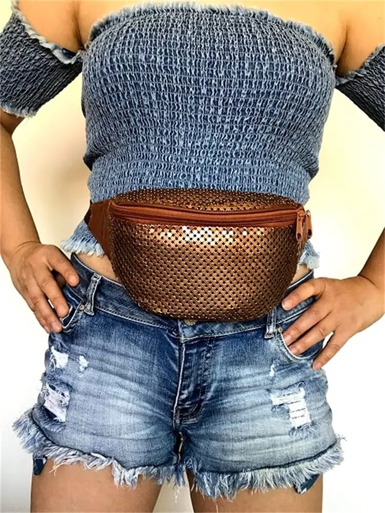Women's Metal Mesh Fanny Pack Shiny Rave Waist Bag Adjustable Belt for Festival Party or Daily Use(Copper)