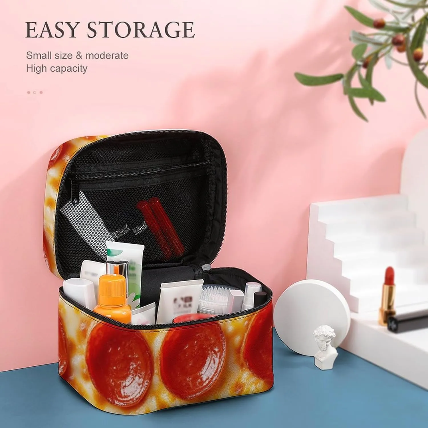 Women's Pizza Cosmetic Storage Bag, Large Capacity Makeup Case with Handle Portable Travel Toiletry Organizer Bag