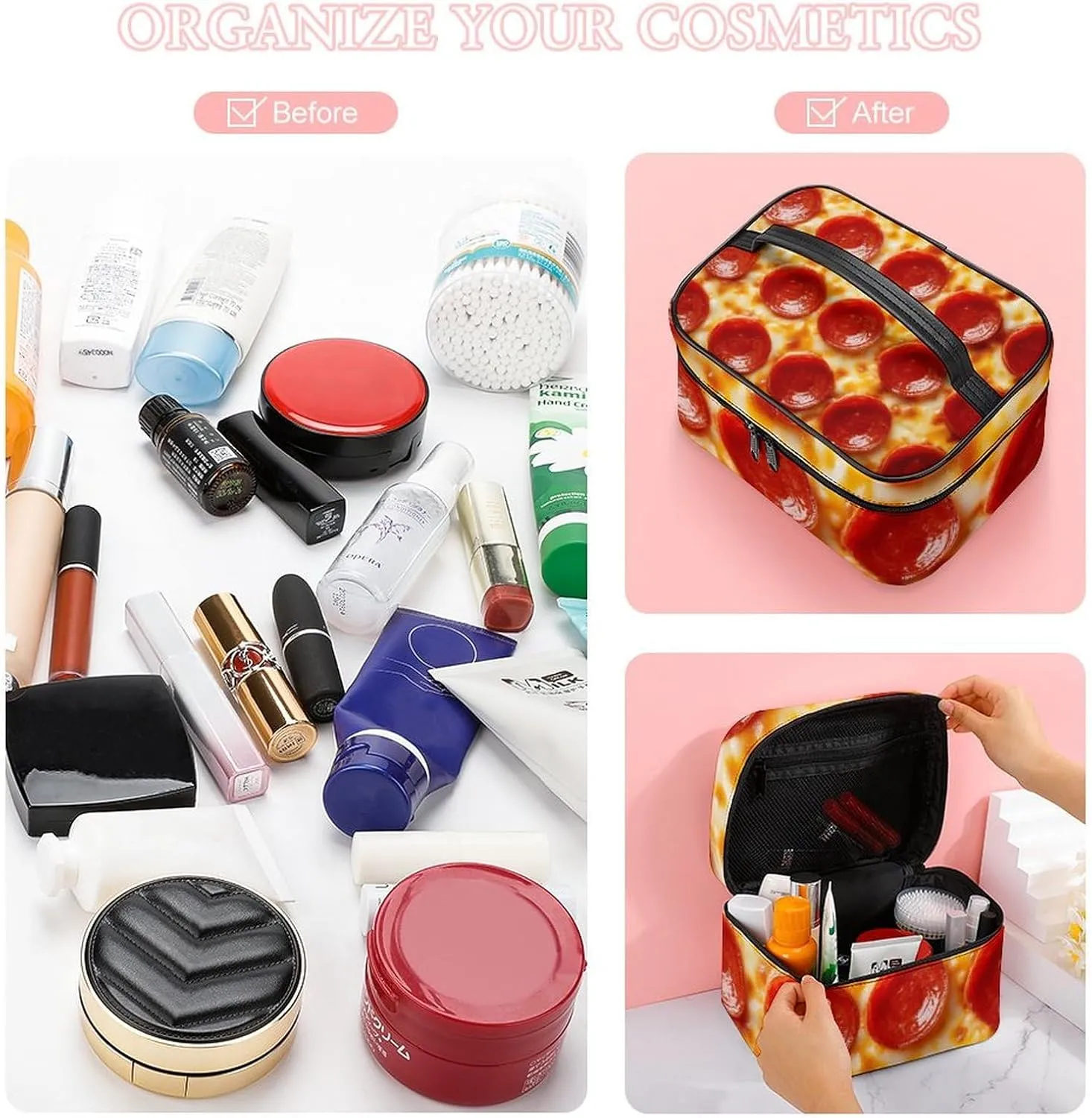Women's Pizza Cosmetic Storage Bag, Large Capacity Makeup Case with Handle Portable Travel Toiletry Organizer Bag