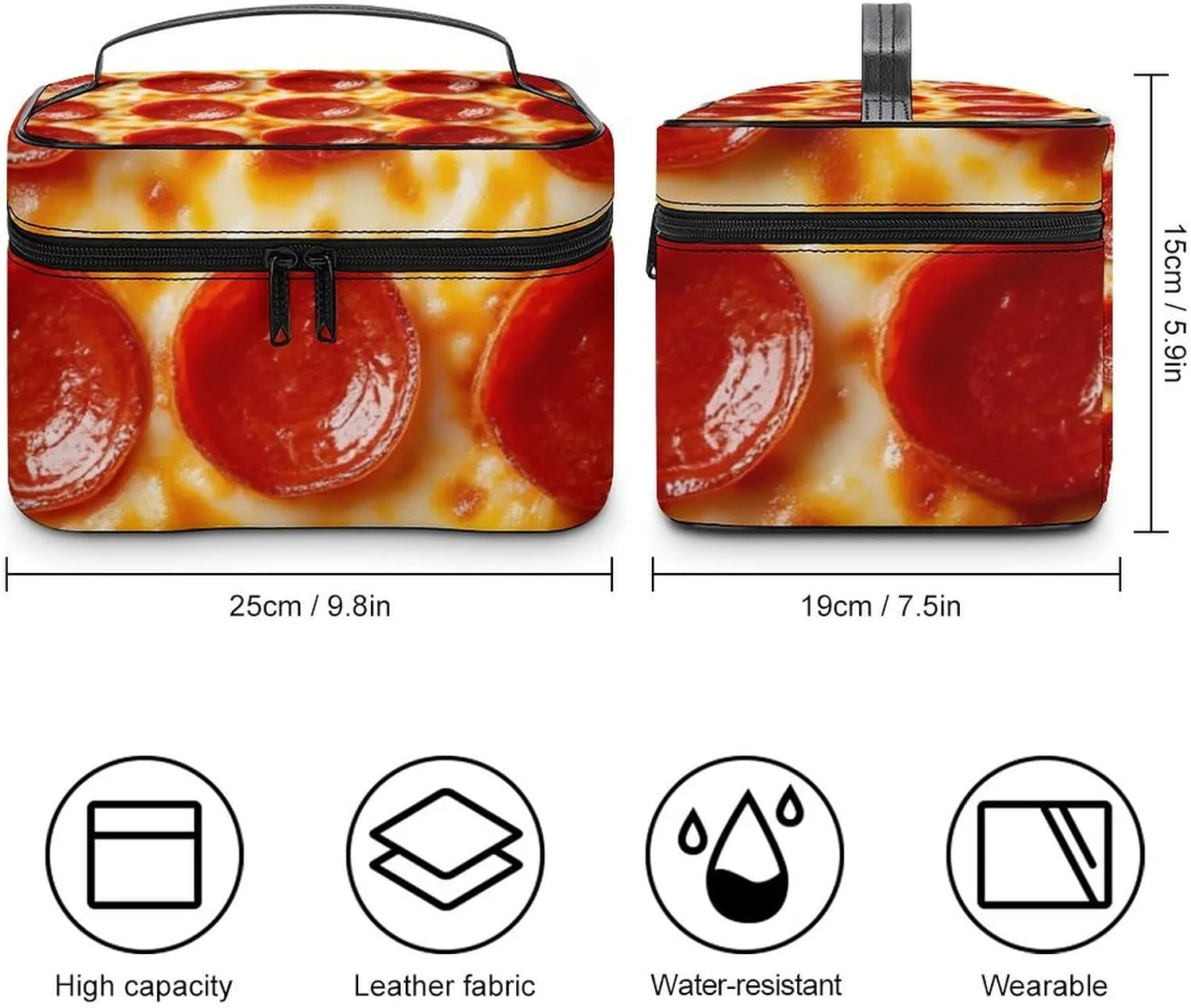 Women's Pizza Cosmetic Storage Bag, Large Capacity Makeup Case with Handle Portable Travel Toiletry Organizer Bag