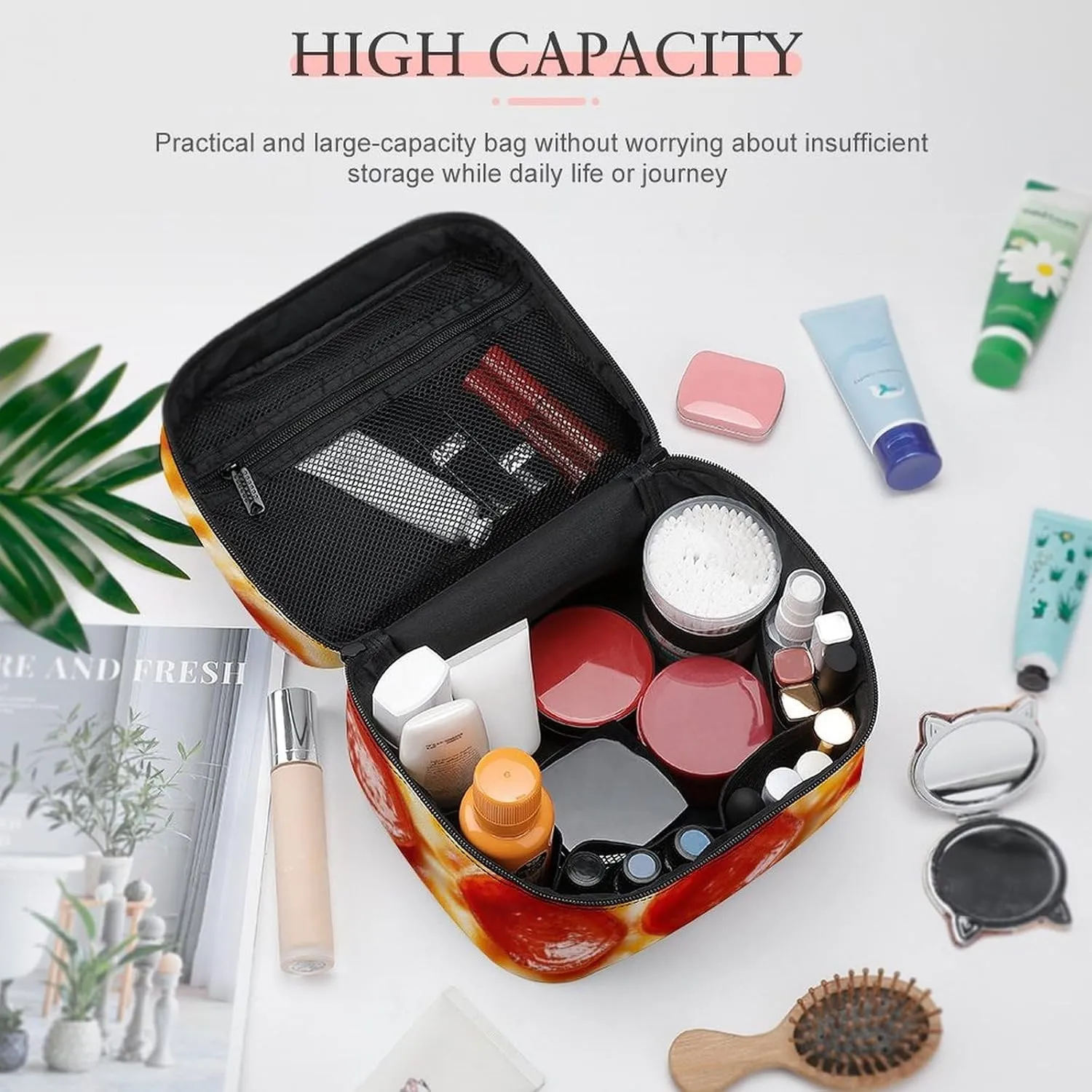 Women's Pizza Cosmetic Storage Bag, Large Capacity Makeup Case with Handle Portable Travel Toiletry Organizer Bag