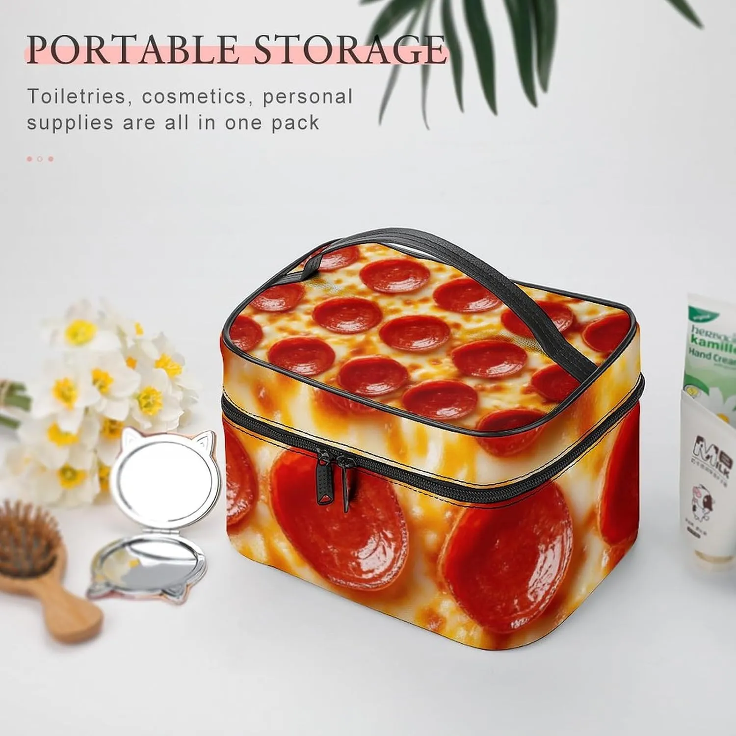 Women's Pizza Cosmetic Storage Bag, Large Capacity Makeup Case with Handle Portable Travel Toiletry Organizer Bag