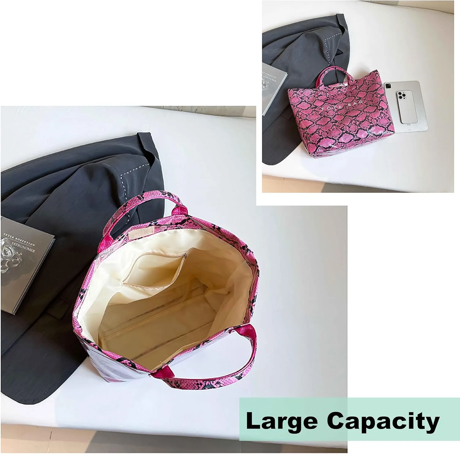 Women’s PVC Tote Bag Large Kraft Paper Clear Plastic Tote Bag Top Handle Clear Hobo Handbag hot pink tote bag
