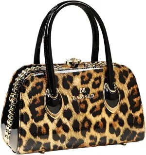 Womens Shiny Tote Evening Bag Fashion Rhinestone Decrated Handbag Glossy Patent Leather leopard print Handbag for Women