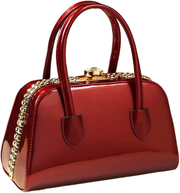 Womens Shiny Tote Evening Bag Fashion Rhinestone Decrated Handbag Glossy Patent Leather leopard print Handbag for Women