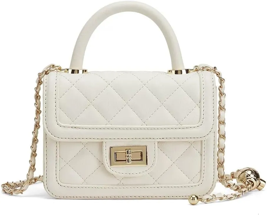Women's Small Quilted Leather Crossbody Bag Mini Top Handle Shoulder Bag With Golden Chain