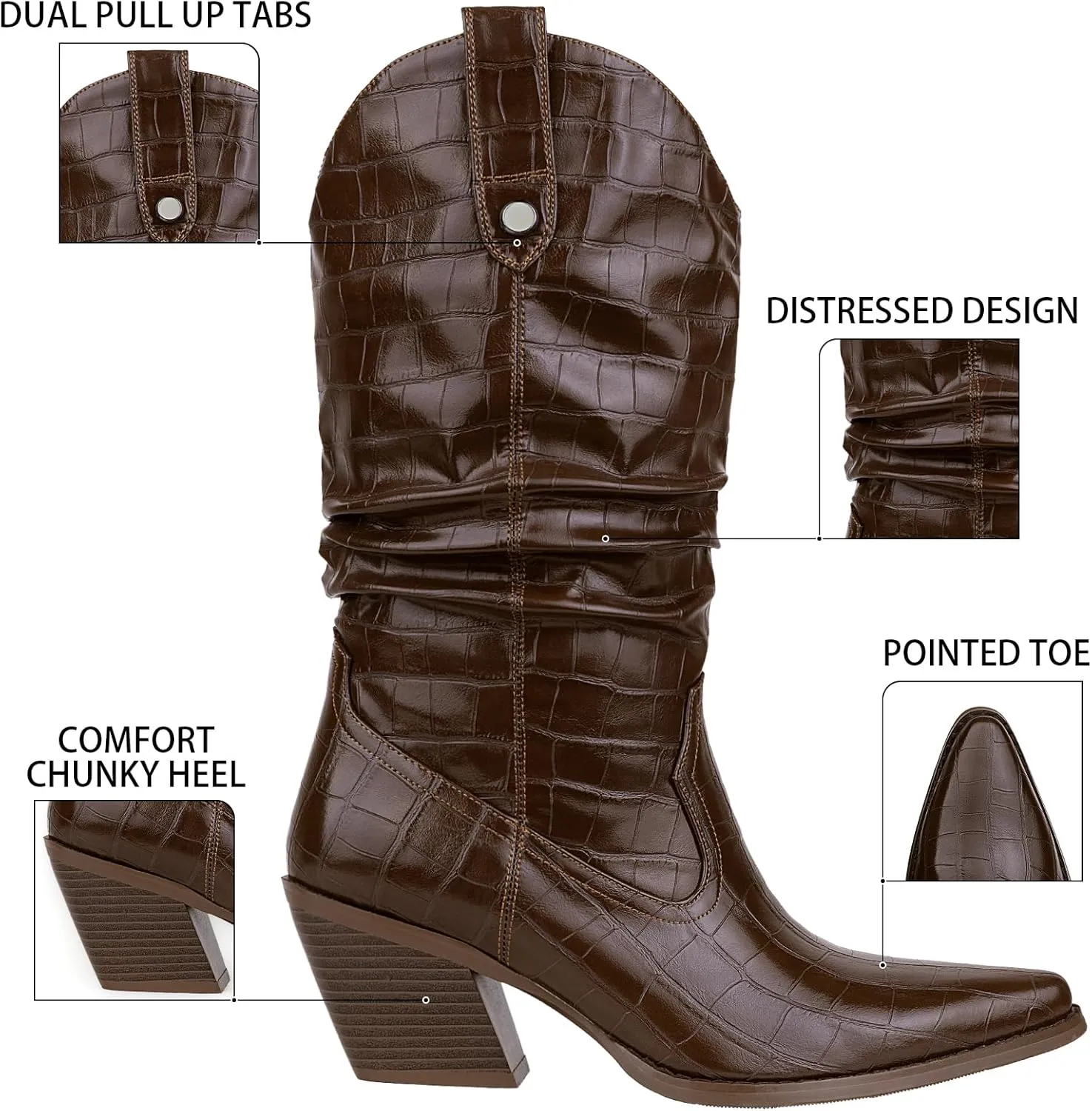 Women's Square Toe Cowboy Cowgirl Boots Embroidered Mid Calf Chunky Heel Western Boots