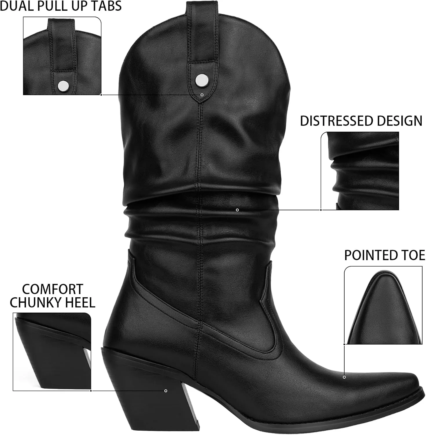 Women's Square Toe Cowboy Cowgirl Boots Embroidered Mid Calf Chunky Heel Western Boots