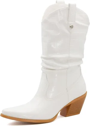 Women's Square Toe Cowboy Cowgirl Boots Embroidered Mid Calf Chunky Heel Western Boots