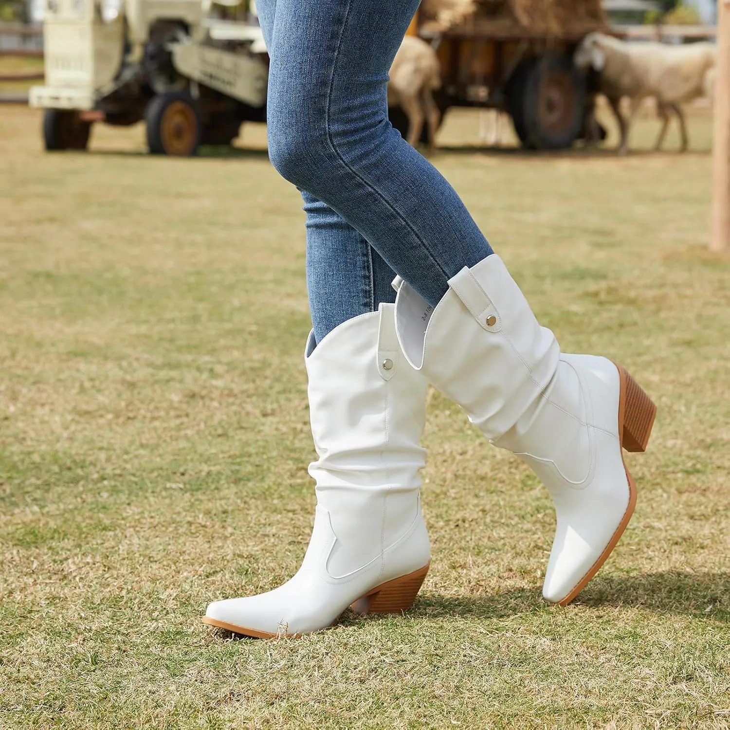 Women's Square Toe Cowboy Cowgirl Boots Embroidered Mid Calf Chunky Heel Western Boots
