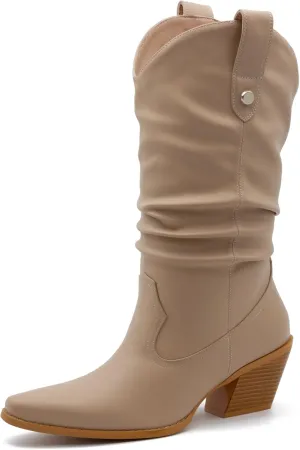 Women's Square Toe Cowboy Cowgirl Boots Embroidered Mid Calf Chunky Heel Western Boots