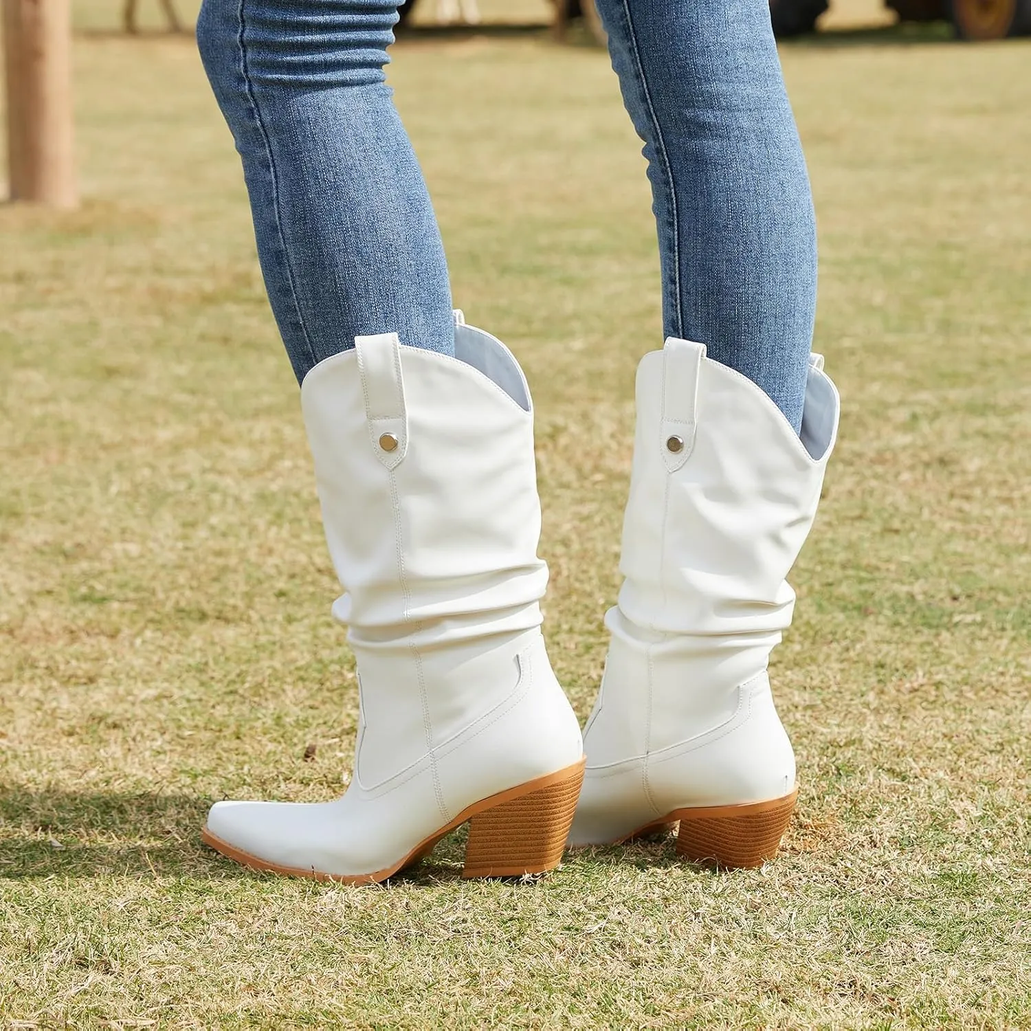Women's Square Toe Cowboy Cowgirl Boots Embroidered Mid Calf Chunky Heel Western Boots