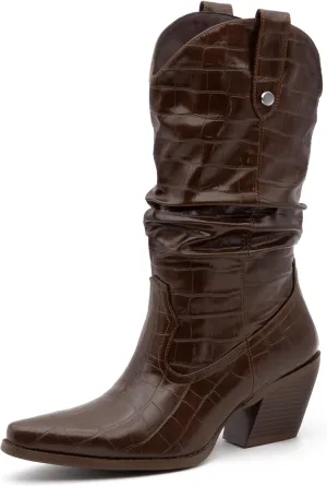 Women's Square Toe Cowboy Cowgirl Boots Embroidered Mid Calf Chunky Heel Western Boots