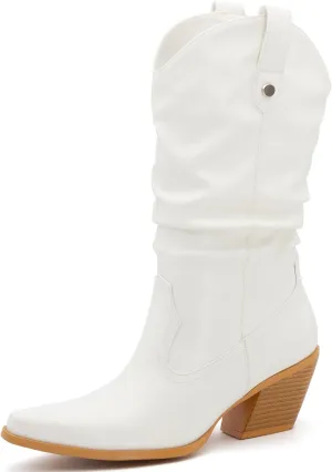 Women's Square Toe Cowboy Cowgirl Boots Embroidered Mid Calf Chunky Heel Western Boots