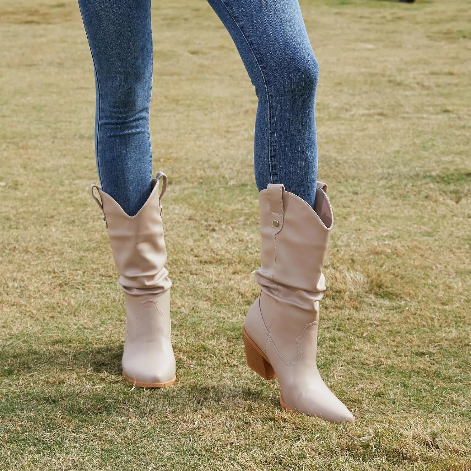 Women's Square Toe Cowboy Cowgirl Boots Embroidered Mid Calf Chunky Heel Western Boots