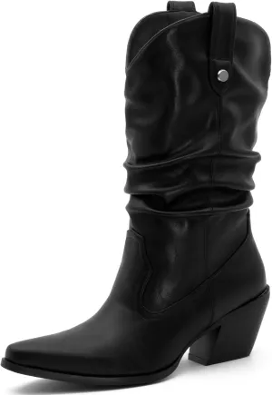 Women's Square Toe Cowboy Cowgirl Boots Embroidered Mid Calf Chunky Heel Western Boots