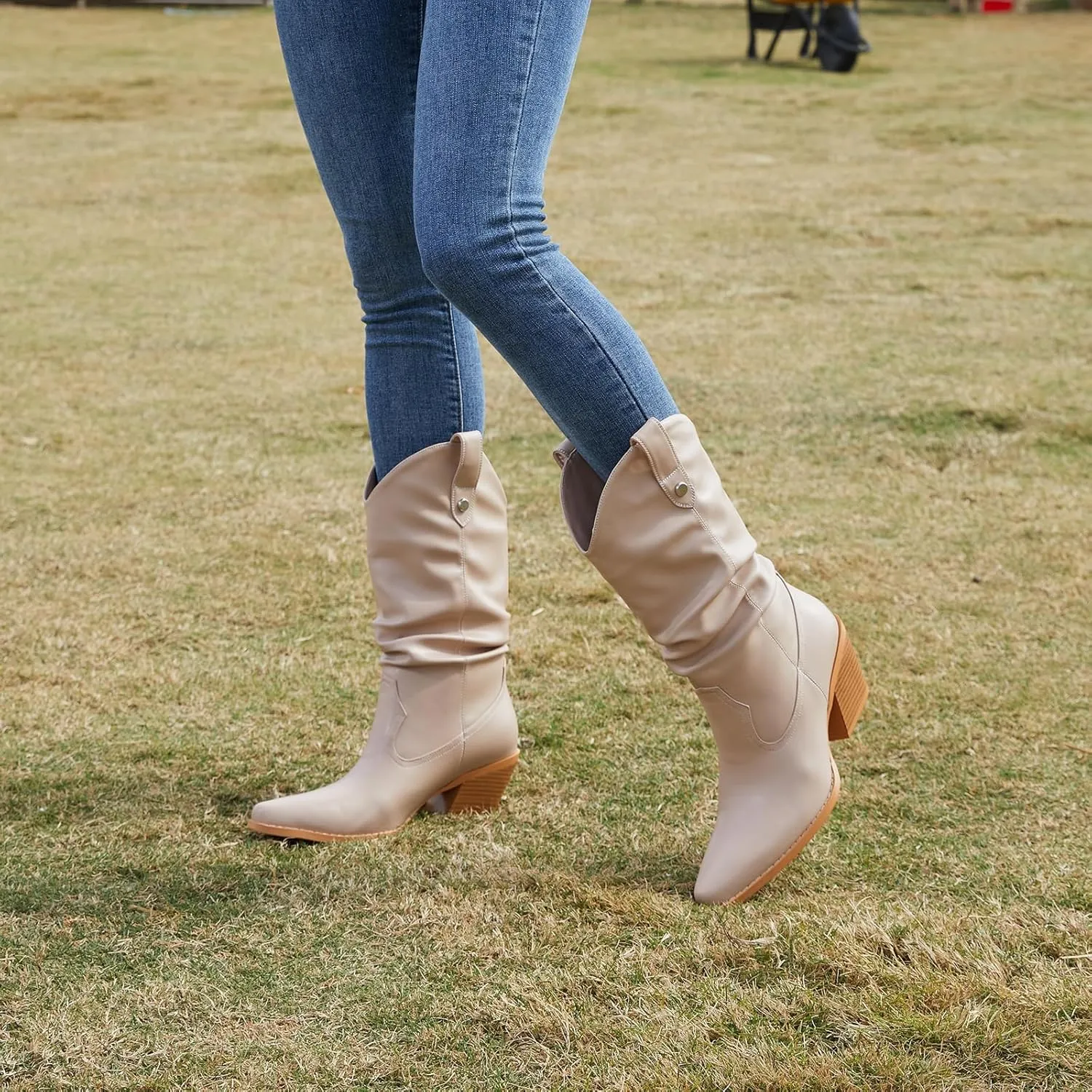 Women's Square Toe Cowboy Cowgirl Boots Embroidered Mid Calf Chunky Heel Western Boots