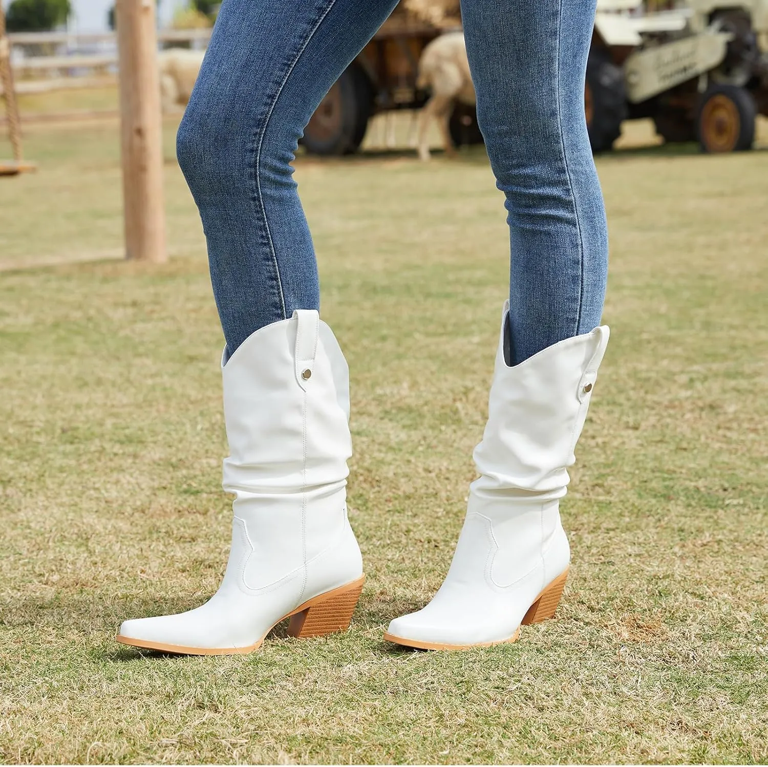 Women's Square Toe Cowboy Cowgirl Boots Embroidered Mid Calf Chunky Heel Western Boots
