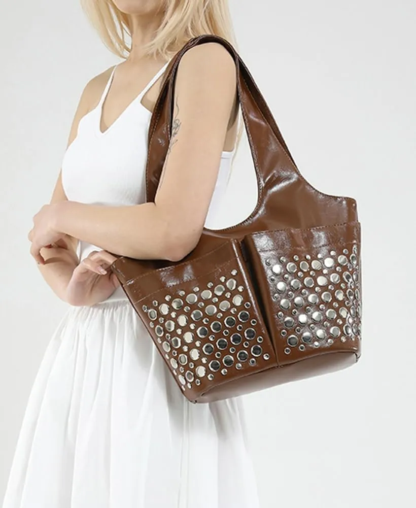 Womens Trendy Studded Bucket Bag Large Shoulder Purse Metal Rivet Tote Spacious Top Handle Handbag Satchels