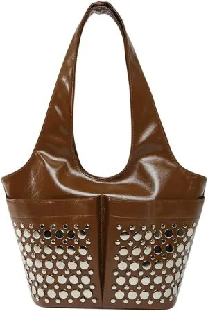 Womens Trendy Studded Bucket Bag Large Shoulder Purse Metal Rivet Tote Spacious Top Handle Handbag Satchels