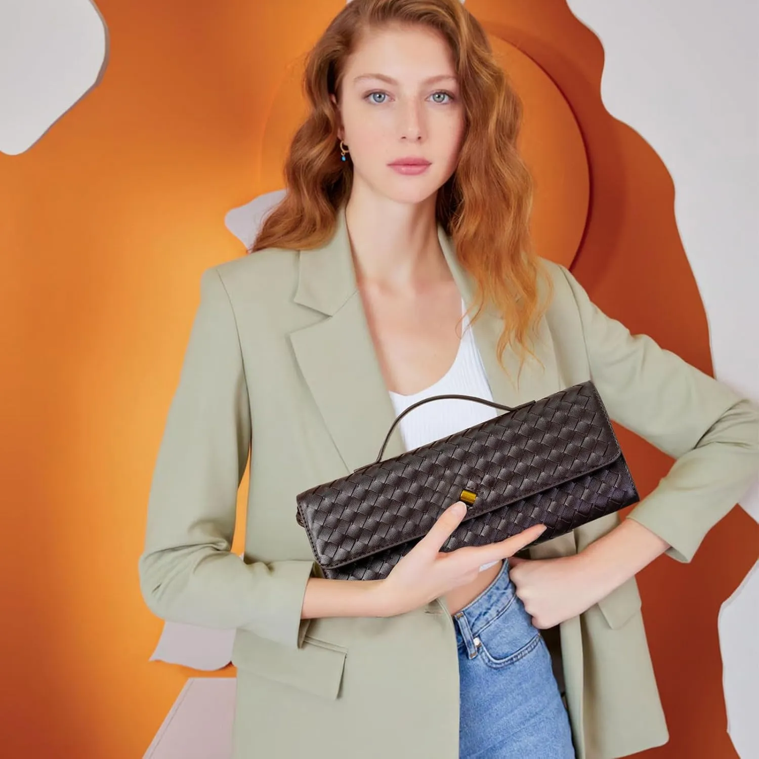 Woven Clutch Purse Ladies Top Handle Handbag Leather Crossbody Shoulder Bag with Detachable Strap