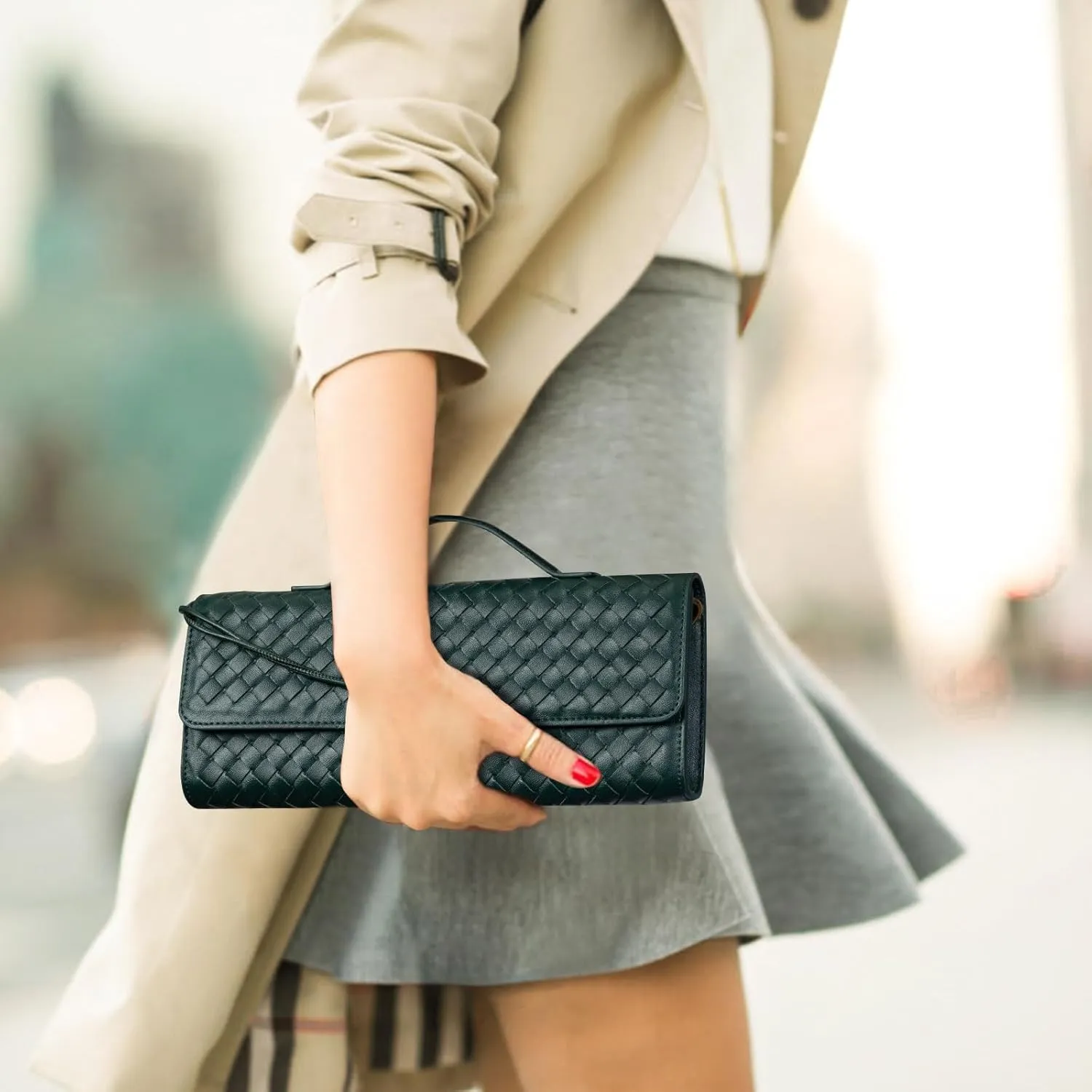 Woven Clutch Purse Ladies Top Handle Handbag Leather Crossbody Shoulder Bag with Detachable Strap