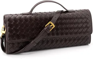 Woven Clutch Purse Ladies Top Handle Handbag Leather Crossbody Shoulder Bag with Detachable Strap