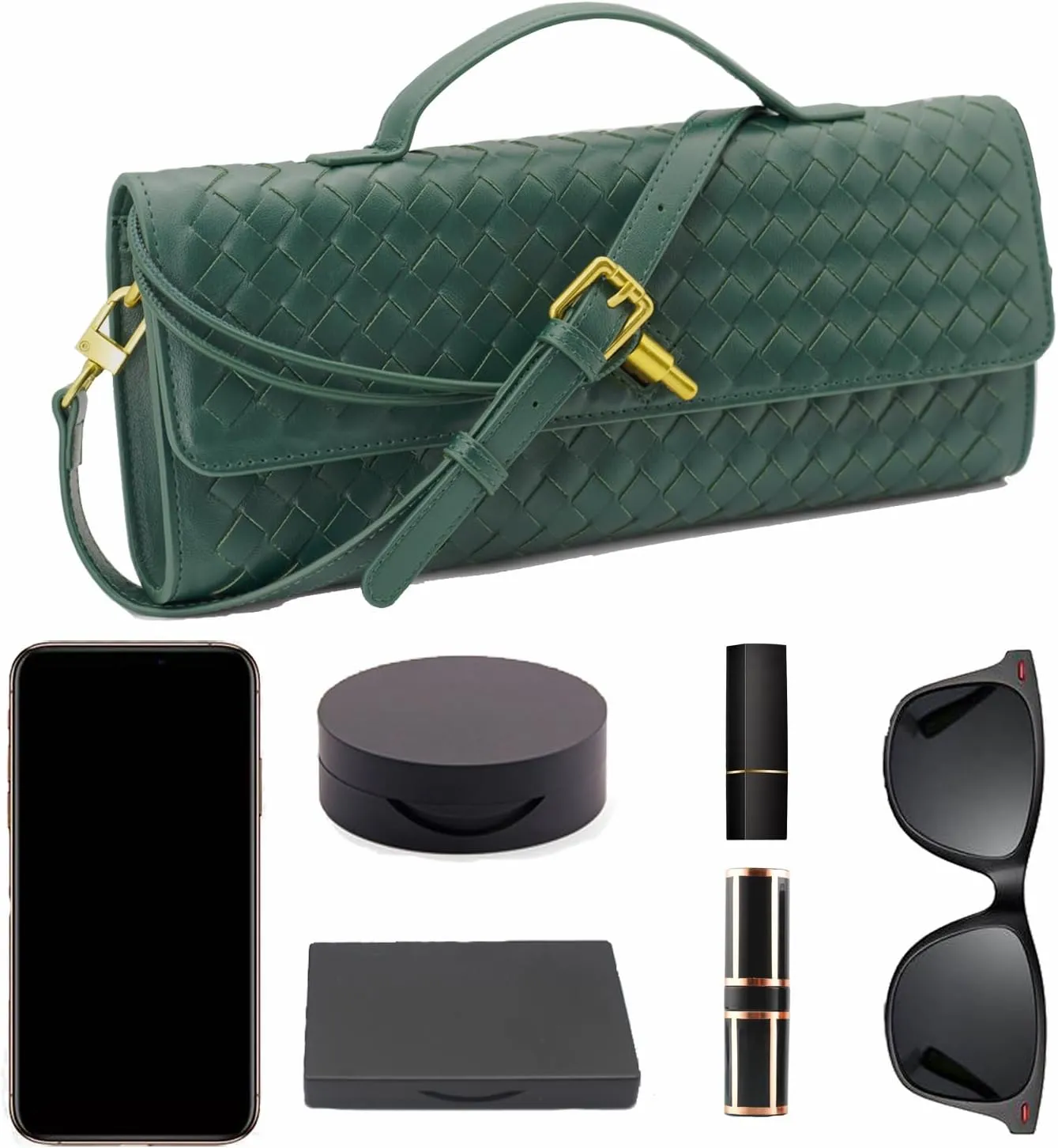 Woven Clutch Purse Ladies Top Handle Handbag Leather Crossbody Shoulder Bag with Detachable Strap