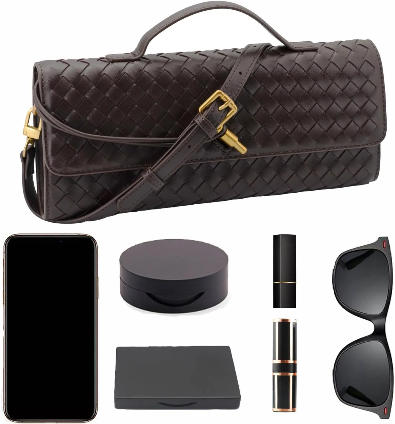 Woven Clutch Purse Ladies Top Handle Handbag Leather Crossbody Shoulder Bag with Detachable Strap