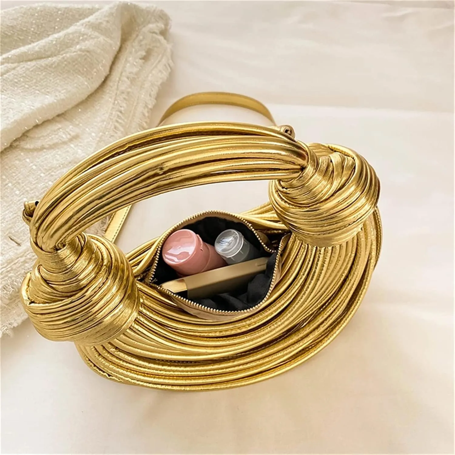 Woven Crossbody Bag for Women, Small Leather Clutch Purse Knotted Bread Handbag Top Handle Noodles Shoulder Bag.