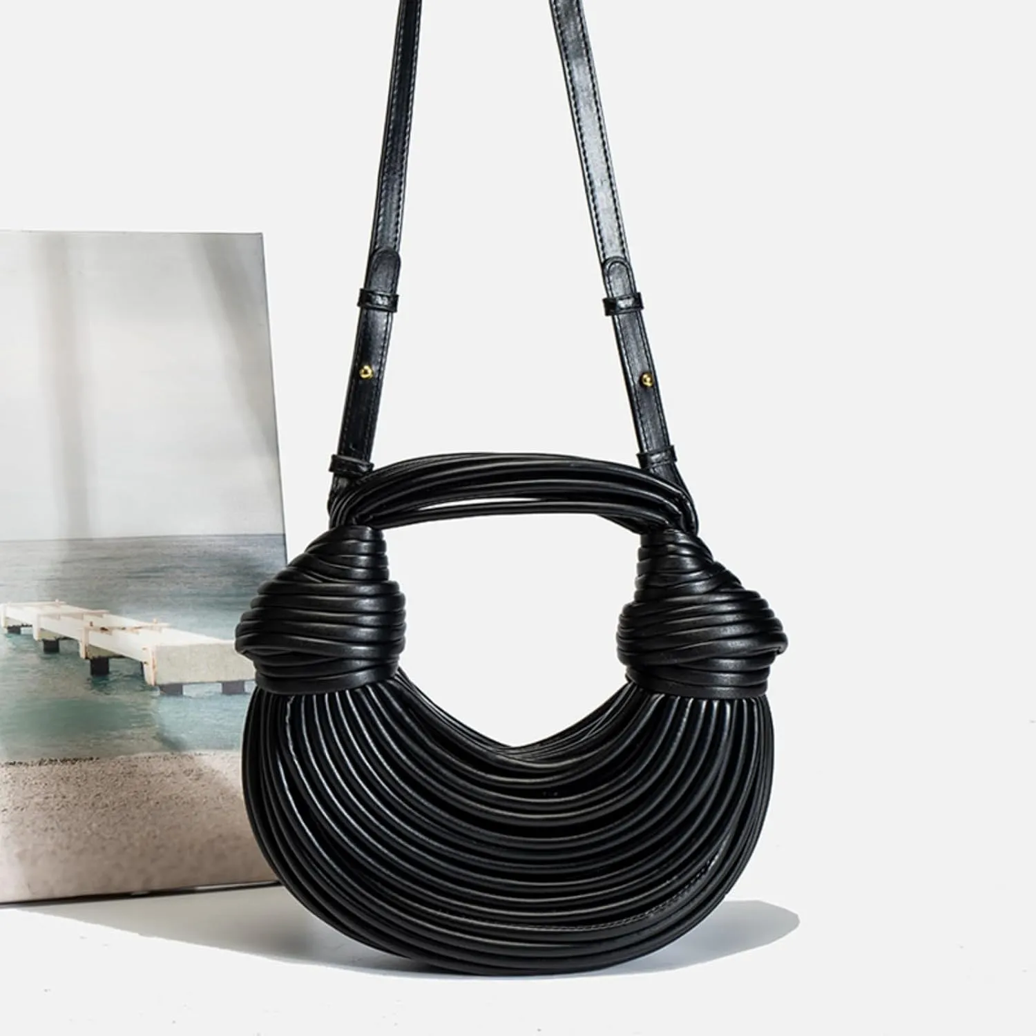 Woven Crossbody Bag for Women, Small Leather Clutch Purse Knotted Bread Handbag Top Handle Noodles Shoulder Bag.