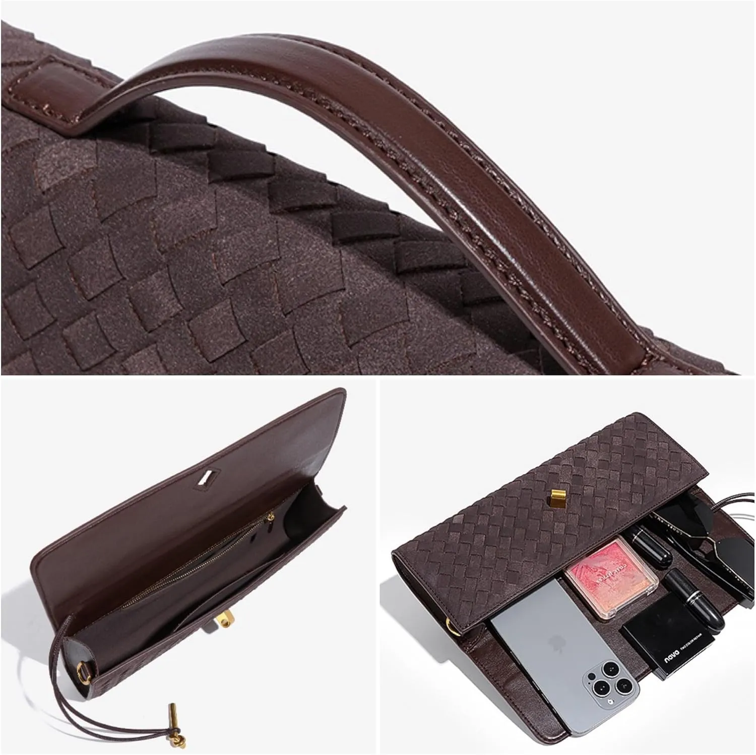Woven Leather, Clutch, Top Handle Satchel Crossbody, Gold Closure Brushed Leather Wallet