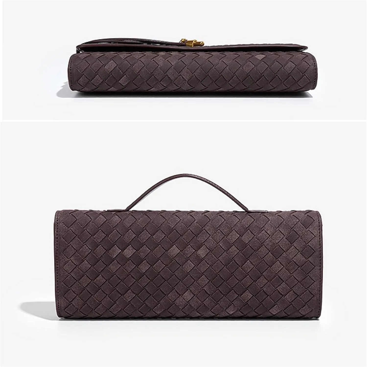 Woven Leather, Clutch, Top Handle Satchel Crossbody, Gold Closure Brushed Leather Wallet