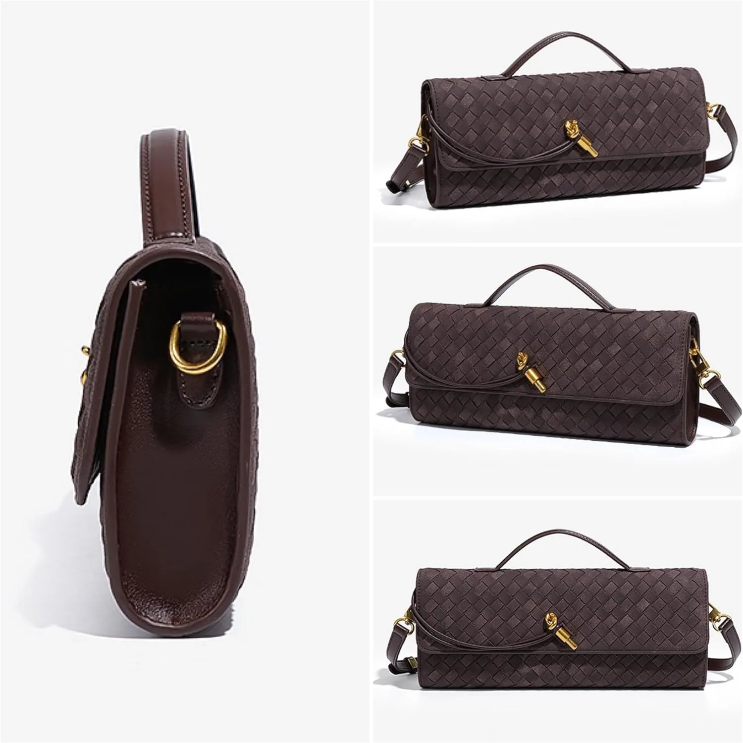 Woven Leather, Clutch, Top Handle Satchel Crossbody, Gold Closure Brushed Leather Wallet