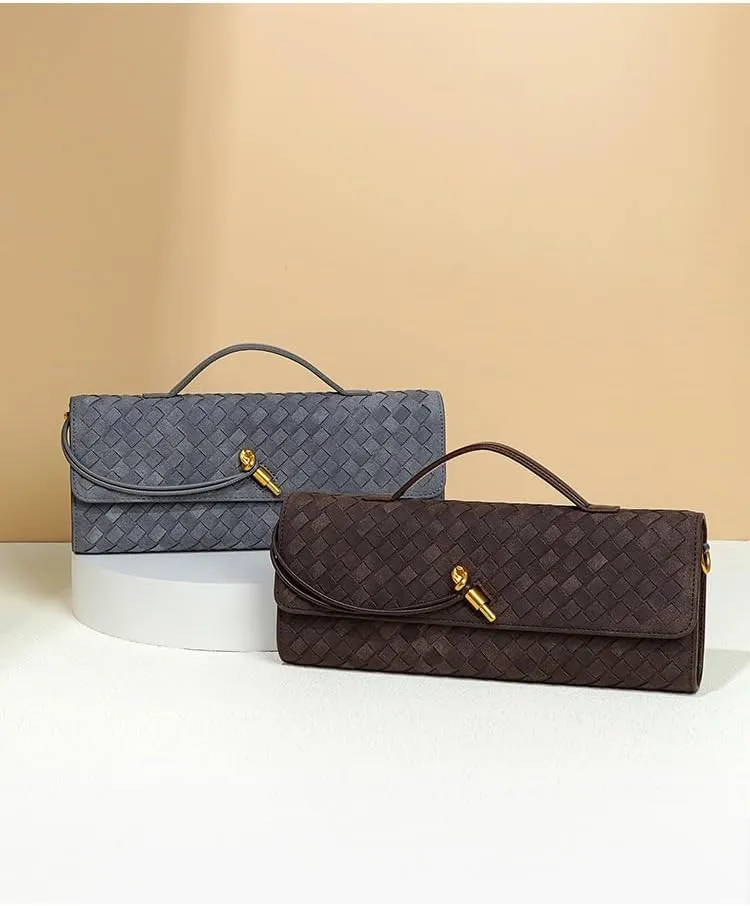Woven Leather, Clutch, Top Handle Satchel Crossbody, Gold Closure Brushed Leather Wallet